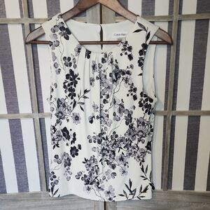 Petite Calvin Klein Black and White Pleated Blouse